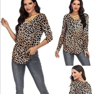COCAOA Women V-Neck Criss Cross Tunic Casual Loose Fit, Leopard Print Size L